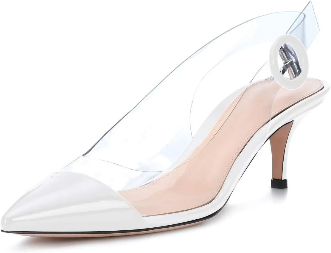 SAMMITOP Women's Clear Ankle Strappy Transparent Slingback Mid Kitten Heels 2.5'' Pointed Toe PVC Dress Sandals Shoes with Buckle