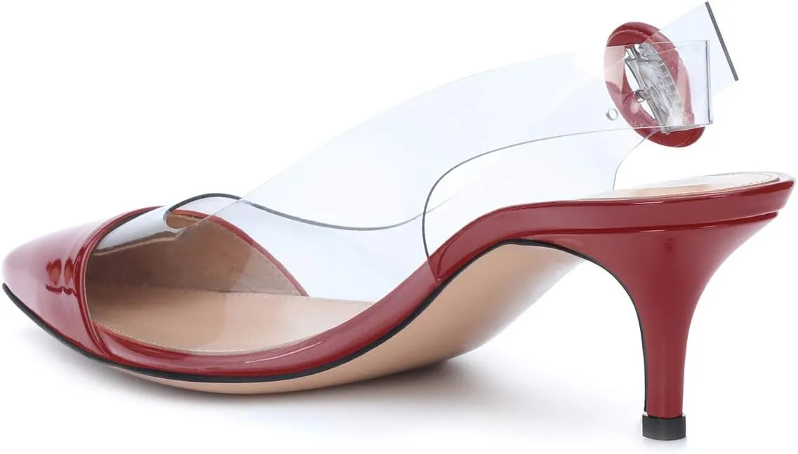 SAMMITOP Women's Clear Ankle Strappy Transparent Slingback Mid Kitten Heels 2.5'' Pointed Toe PVC Dress Sandals Shoes with Buckle
