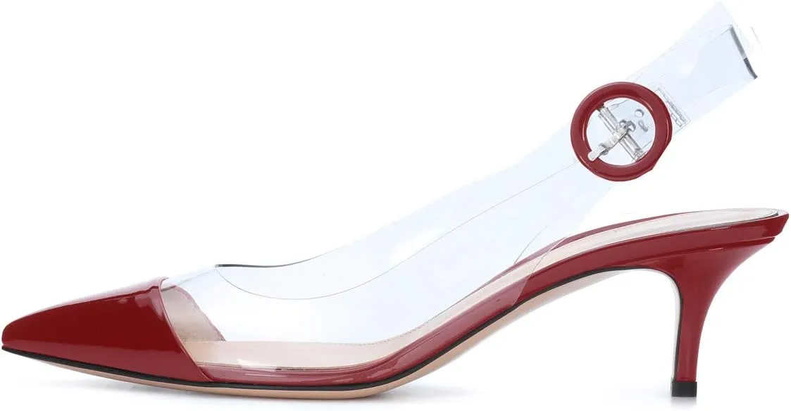 SAMMITOP Women's Clear Ankle Strappy Transparent Slingback Mid Kitten Heels 2.5'' Pointed Toe PVC Dress Sandals Shoes with Buckle