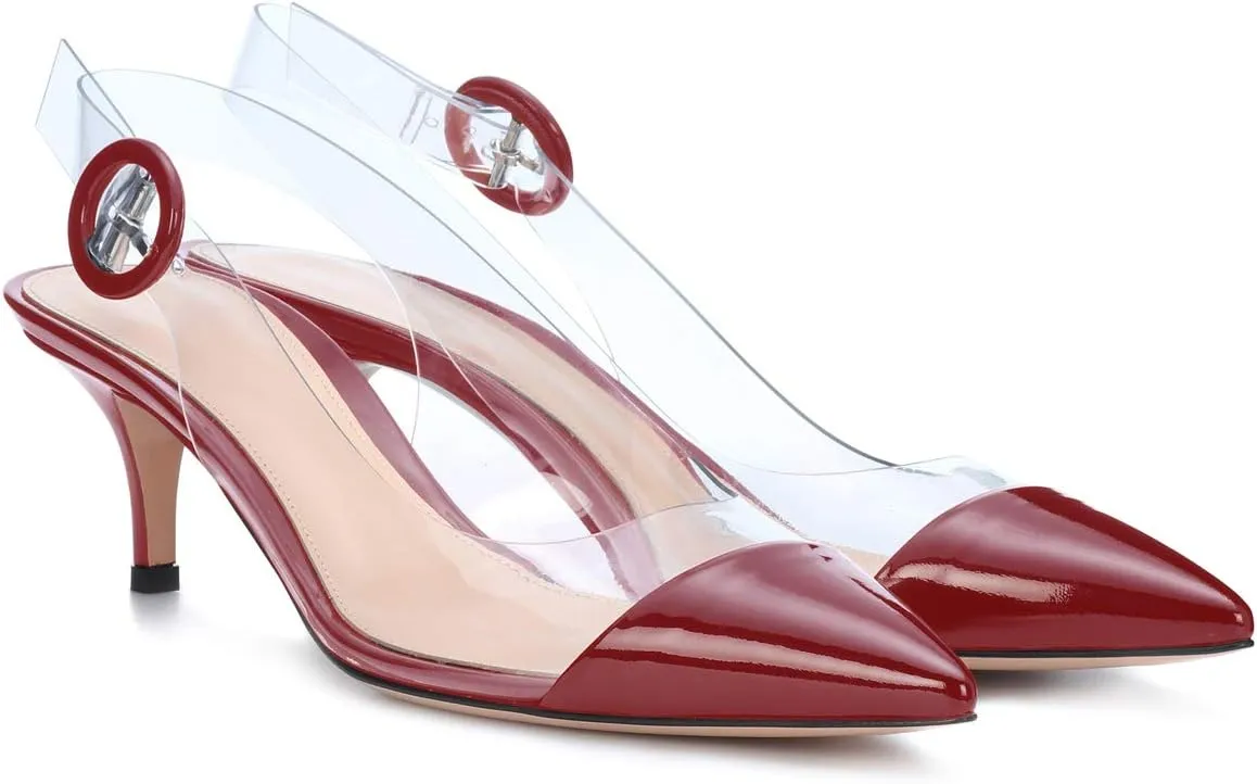 SAMMITOP Women's Clear Ankle Strappy Transparent Slingback Mid Kitten Heels 2.5'' Pointed Toe PVC Dress Sandals Shoes with Buckle