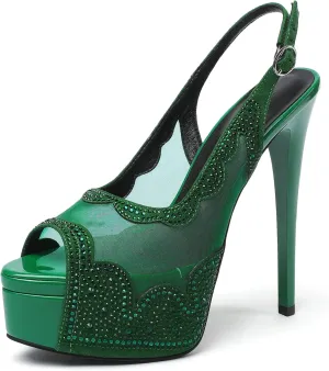 SAMMITOP Women's High Heels Platform Sandals Rhinestones Peep Toe Pumps Lace Flower Slingback Hollow Sexy Dress Stilettos Shoes for Wedding Party