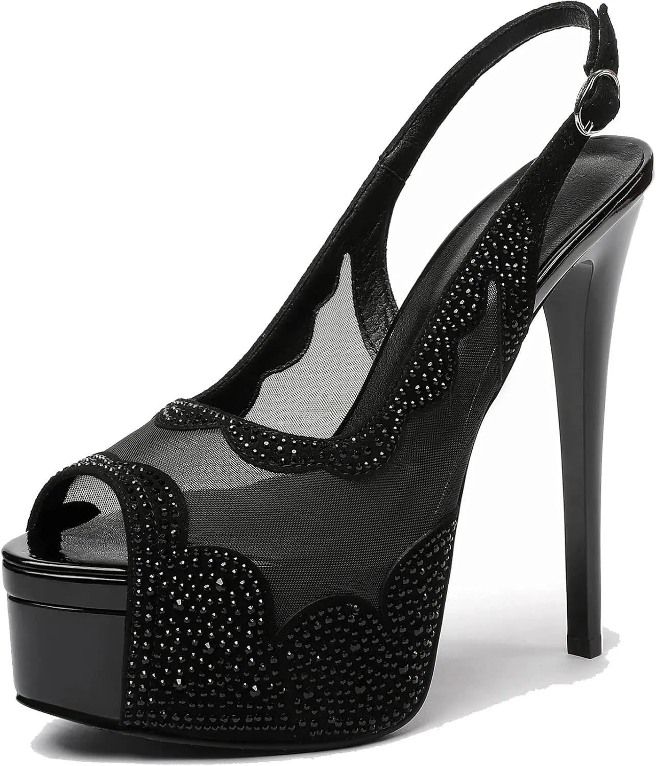 SAMMITOP Women's High Heels Platform Sandals Rhinestones Peep Toe Pumps Lace Flower Slingback Hollow Sexy Dress Stilettos Shoes for Wedding Party