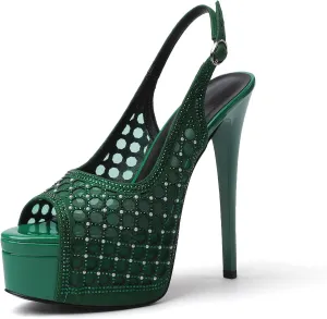 SAMMITOP Women's High Heels Platform Sandals Rhinestones Peep Toe Pumps Lace Flower Slingback Hollow Sexy Dress Stilettos Shoes for Wedding Party