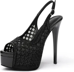 SAMMITOP Women's High Heels Platform Sandals Rhinestones Peep Toe Pumps Lace Flower Slingback Hollow Sexy Dress Stilettos Shoes for Wedding Party