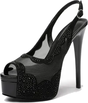 SAMMITOP Women's High Heels Platform Sandals Rhinestones Peep Toe Pumps Lace Flower Slingback Hollow Sexy Dress Stilettos Shoes for Wedding Party