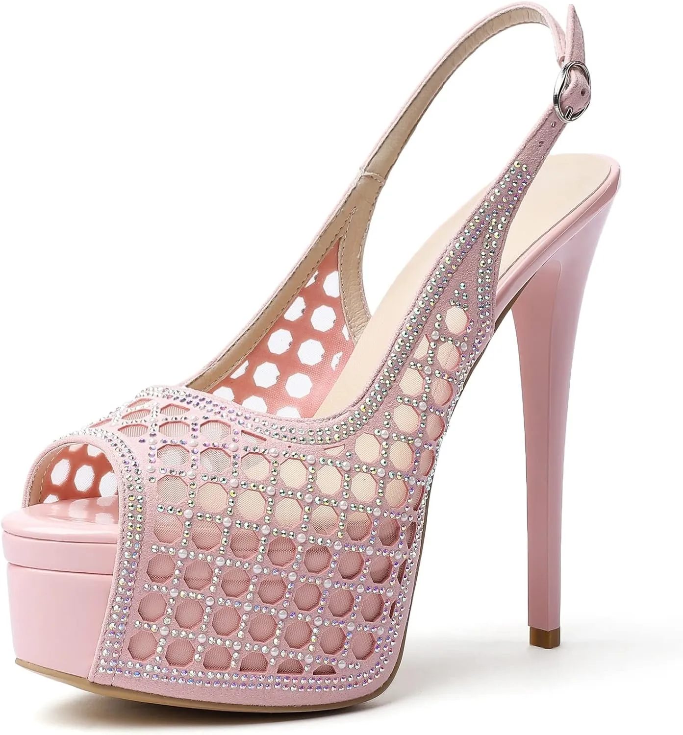 SAMMITOP Women's High Heels Platform Sandals Rhinestones Peep Toe Pumps Lace Flower Slingback Hollow Sexy Dress Stilettos Shoes for Wedding Party