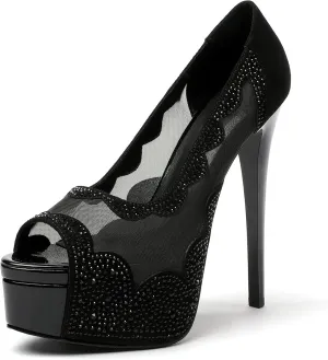 SAMMITOP Women's High Heels Platform Sandals Rhinestones Peep Toe Pumps Lace Flower Slingback Hollow Sexy Dress Stilettos Shoes for Wedding Party