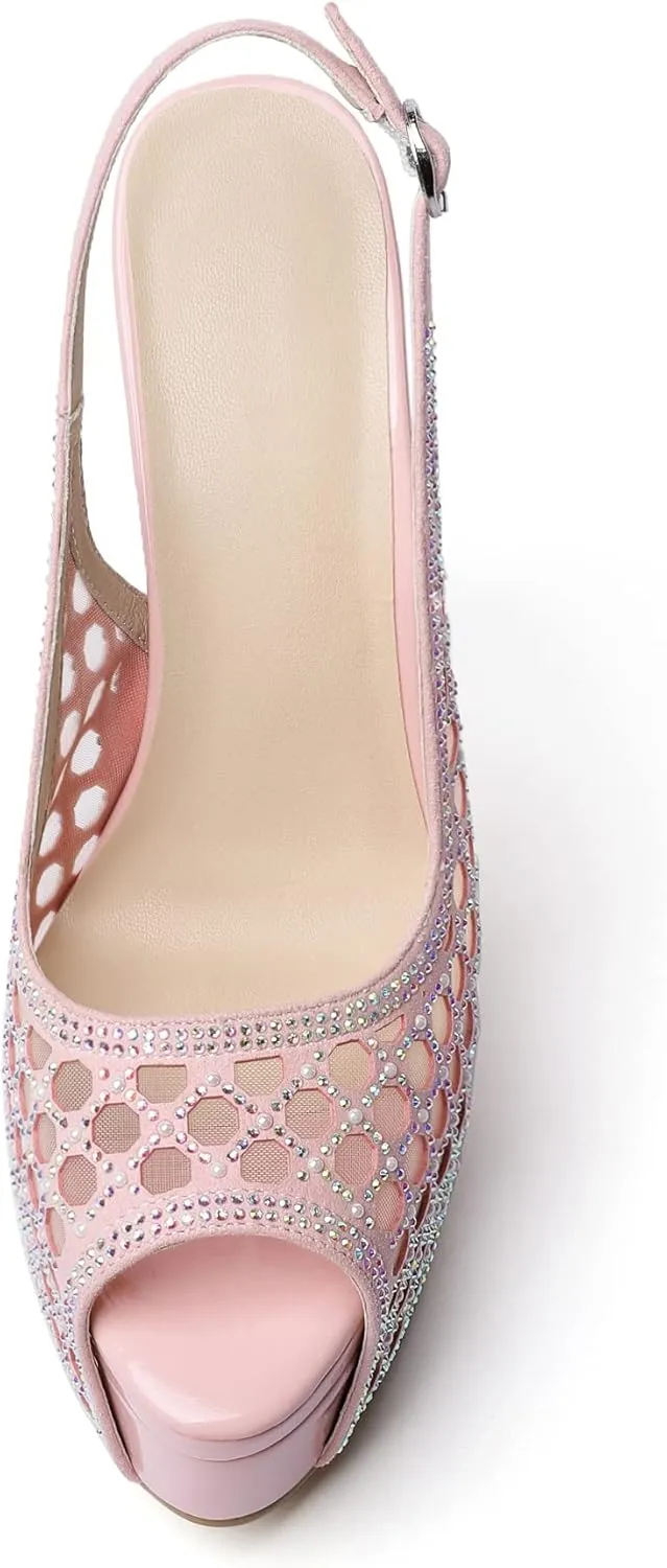 SAMMITOP Women's High Heels Platform Sandals Rhinestones Peep Toe Pumps Lace Flower Slingback Hollow Sexy Dress Stilettos Shoes for Wedding Party