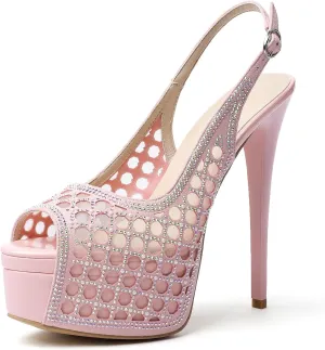 SAMMITOP Women's High Heels Platform Sandals Rhinestones Peep Toe Pumps Lace Flower Slingback Hollow Sexy Dress Stilettos Shoes for Wedding Party