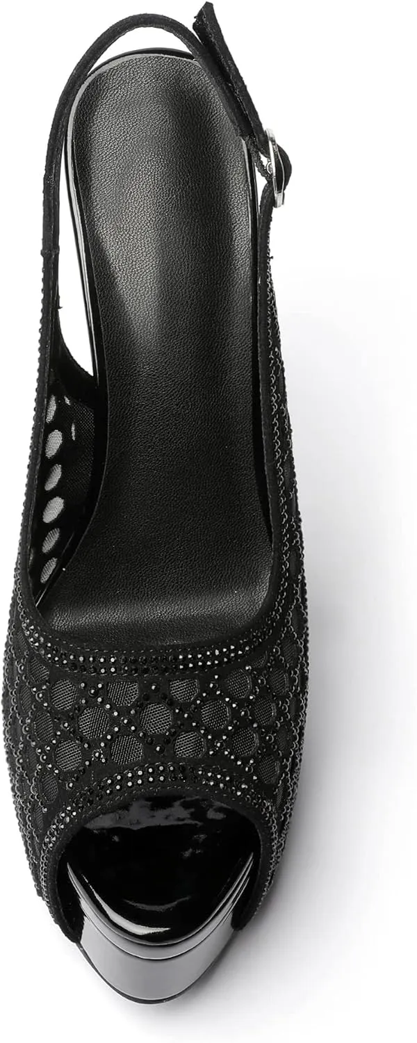 SAMMITOP Women's High Heels Platform Sandals Rhinestones Peep Toe Pumps Lace Flower Slingback Hollow Sexy Dress Stilettos Shoes for Wedding Party