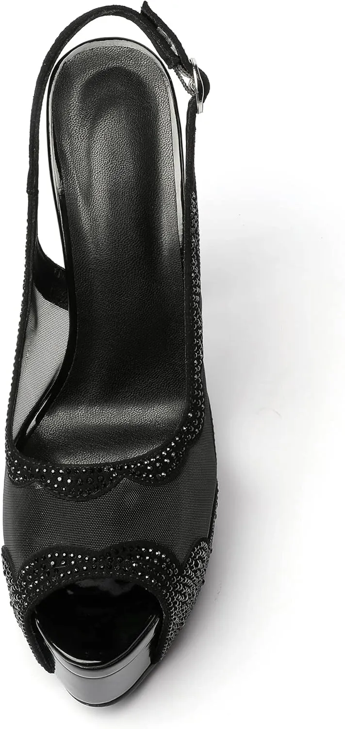 SAMMITOP Women's High Heels Platform Sandals Rhinestones Peep Toe Pumps Lace Flower Slingback Hollow Sexy Dress Stilettos Shoes for Wedding Party