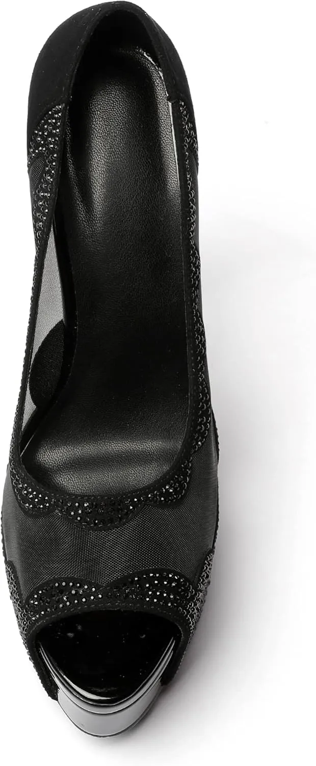 SAMMITOP Women's High Heels Platform Sandals Rhinestones Peep Toe Pumps Lace Flower Slingback Hollow Sexy Dress Stilettos Shoes for Wedding Party