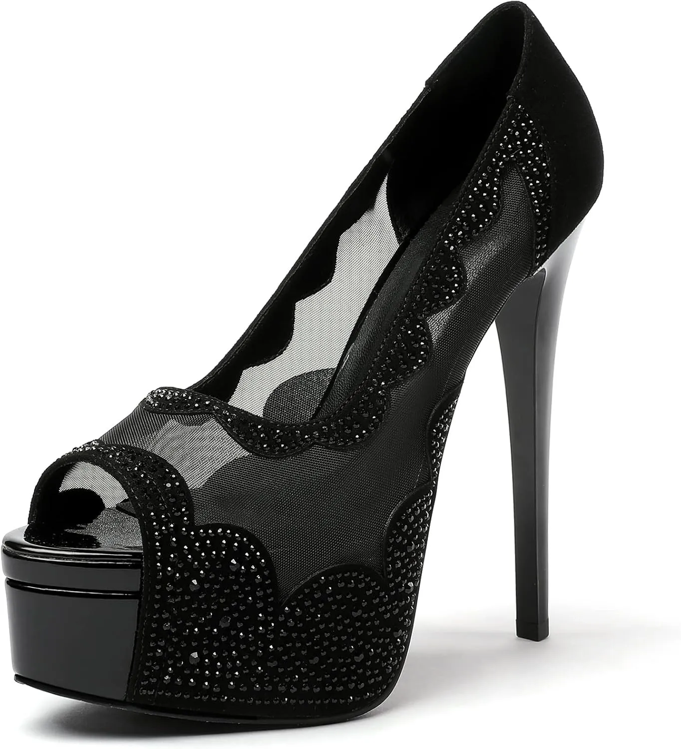 SAMMITOP Women's High Heels Platform Sandals Rhinestones Peep Toe Pumps Lace Flower Slingback Hollow Sexy Dress Stilettos Shoes for Wedding Party