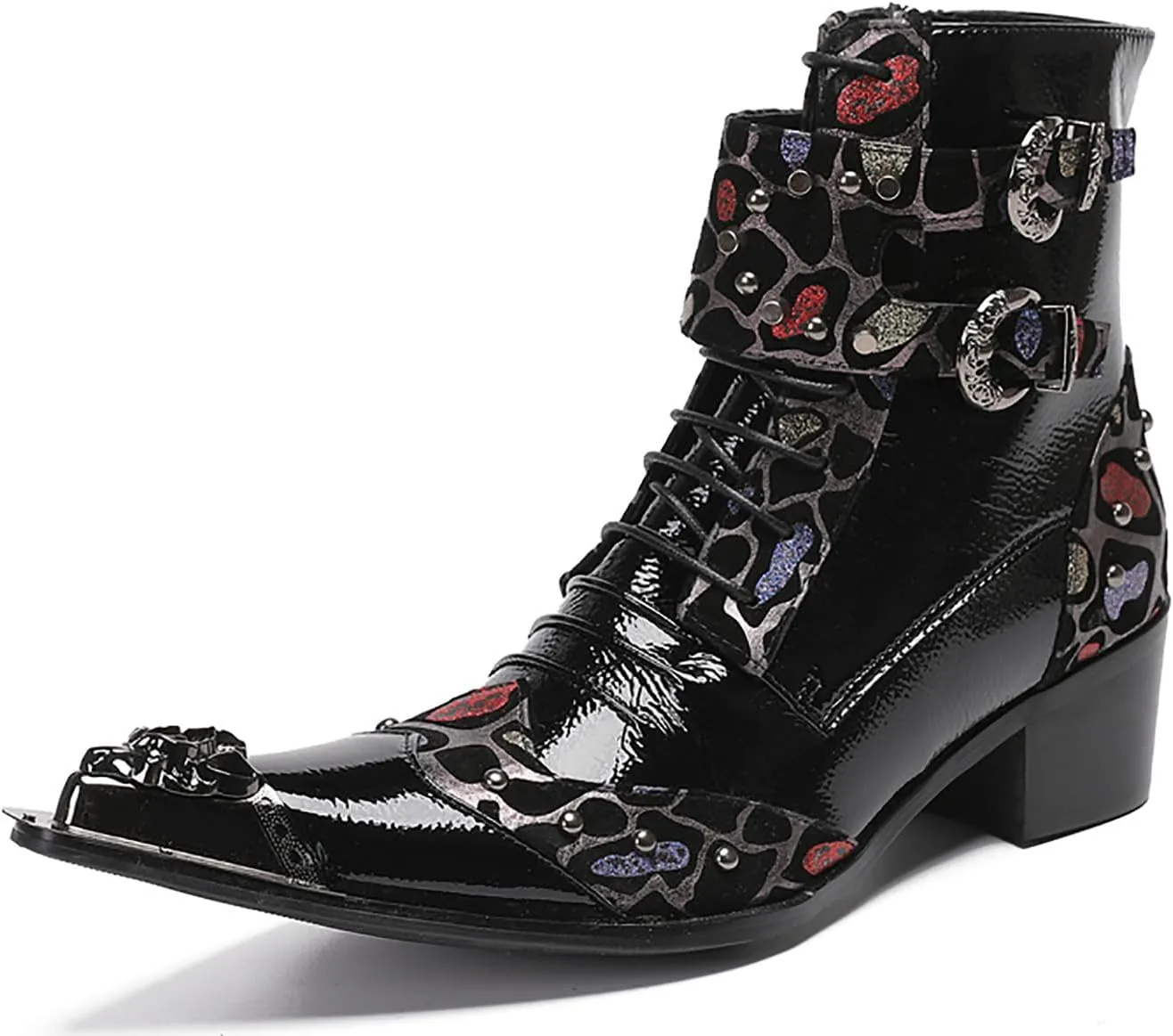 Santimon Cowboy Boots for Mens Casual Party Dress Motorcycle Boots Beads Buckles Leather Metal Tip Toe Western Boots Fashion Prom Disco Barllroom Singer Hight Top Boot for Boys