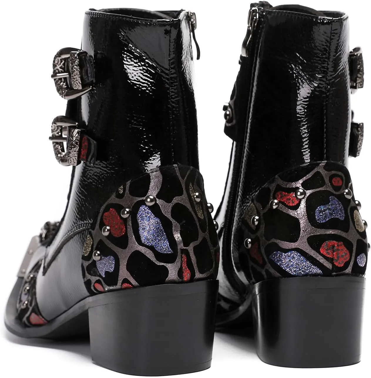 Santimon Cowboy Boots for Mens Casual Party Dress Motorcycle Boots Beads Buckles Leather Metal Tip Toe Western Boots Fashion Prom Disco Barllroom Singer Hight Top Boot for Boys