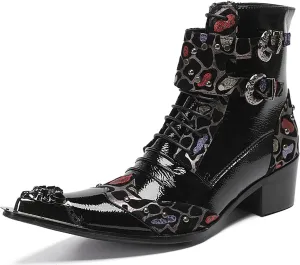 Santimon Cowboy Boots for Mens Casual Party Dress Motorcycle Boots Beads Buckles Leather Metal Tip Toe Western Boots Fashion Prom Disco Barllroom Singer Hight Top Boot for Boys