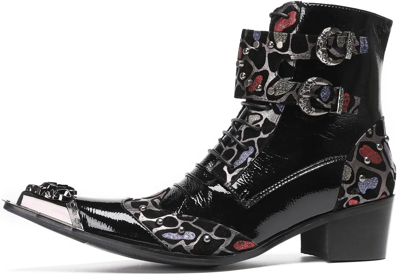 Santimon Cowboy Boots for Mens Casual Party Dress Motorcycle Boots Beads Buckles Leather Metal Tip Toe Western Boots Fashion Prom Disco Barllroom Singer Hight Top Boot for Boys