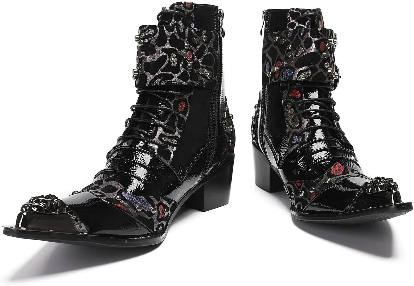 Santimon Cowboy Boots for Mens Casual Party Dress Motorcycle Boots Beads Buckles Leather Metal Tip Toe Western Boots Fashion Prom Disco Barllroom Singer Hight Top Boot for Boys