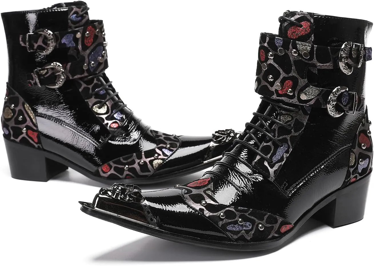 Santimon Cowboy Boots for Mens Casual Party Dress Motorcycle Boots Beads Buckles Leather Metal Tip Toe Western Boots Fashion Prom Disco Barllroom Singer Hight Top Boot for Boys