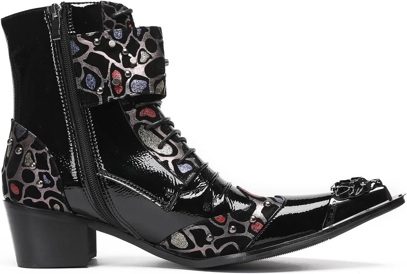 Santimon Cowboy Boots for Mens Casual Party Dress Motorcycle Boots Beads Buckles Leather Metal Tip Toe Western Boots Fashion Prom Disco Barllroom Singer Hight Top Boot for Boys
