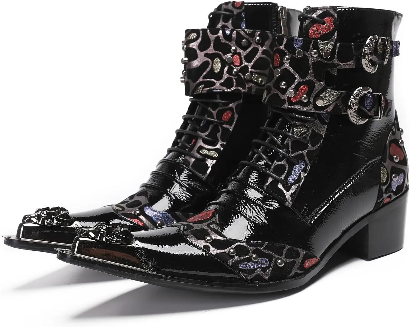 Santimon Cowboy Boots for Mens Casual Party Dress Motorcycle Boots Beads Buckles Leather Metal Tip Toe Western Boots Fashion Prom Disco Barllroom Singer Hight Top Boot for Boys