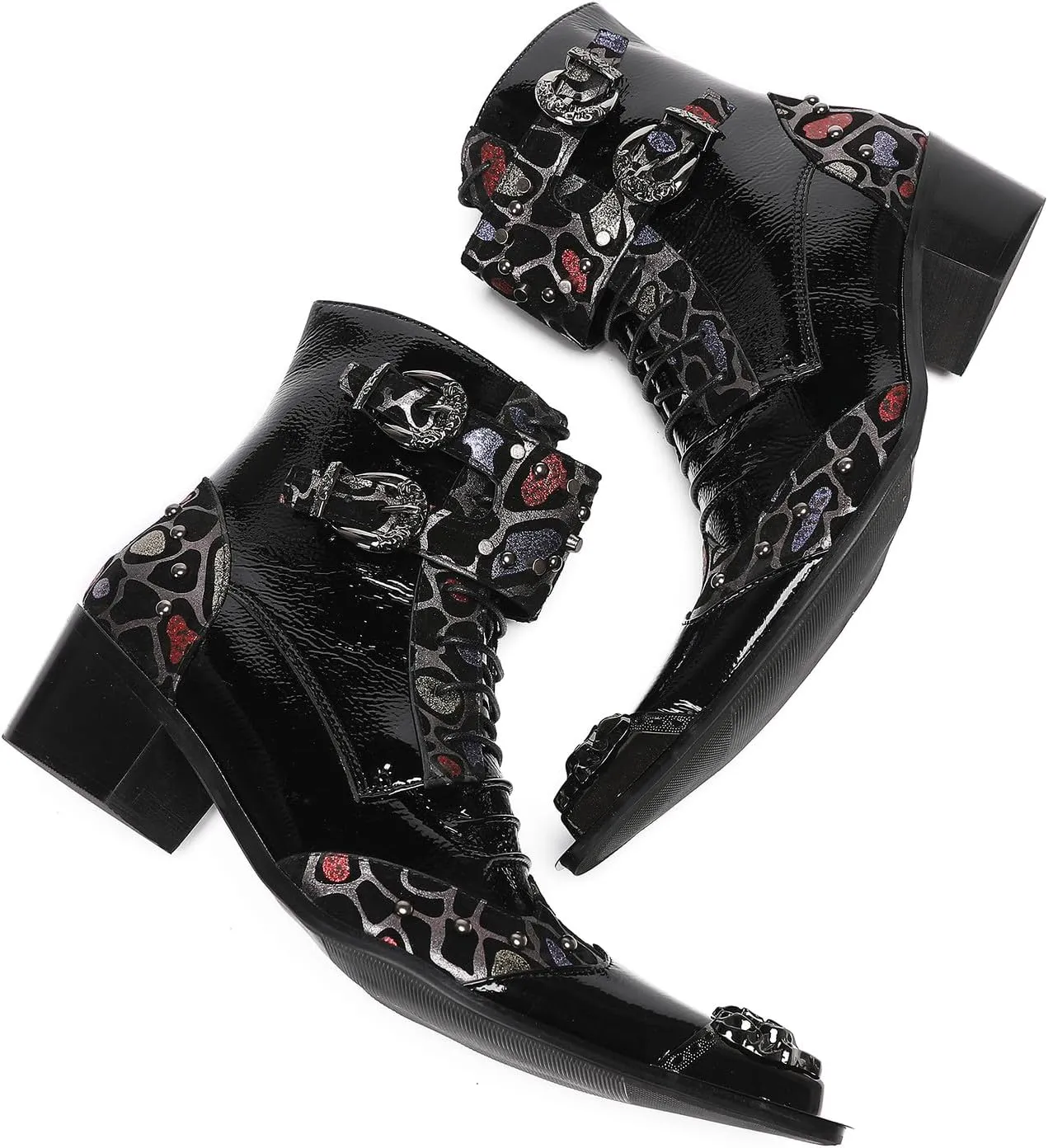 Santimon Cowboy Boots for Mens Casual Party Dress Motorcycle Boots Beads Buckles Leather Metal Tip Toe Western Boots Fashion Prom Disco Barllroom Singer Hight Top Boot for Boys