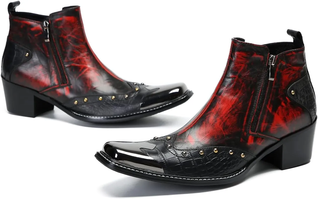 Santimon Mens Chelsea Boots Casual Dress Ankle Boots Metal-Square Toe Genuine Leather Beaded Double Zipper Western Boots Fashion Wedding Porm Party Moccasins Disco Singer Tuxedo Boots for Men