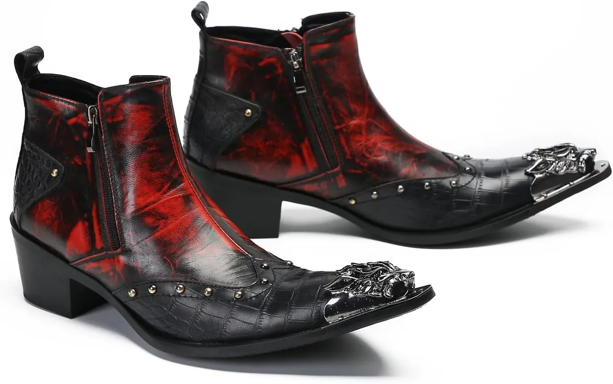 Santimon Mens Chelsea Boots Casual Dress Ankle Boots Metal-Square Toe Genuine Leather Beaded Double Zipper Western Boots Fashion Wedding Porm Party Moccasins Disco Singer Tuxedo Boots for Men