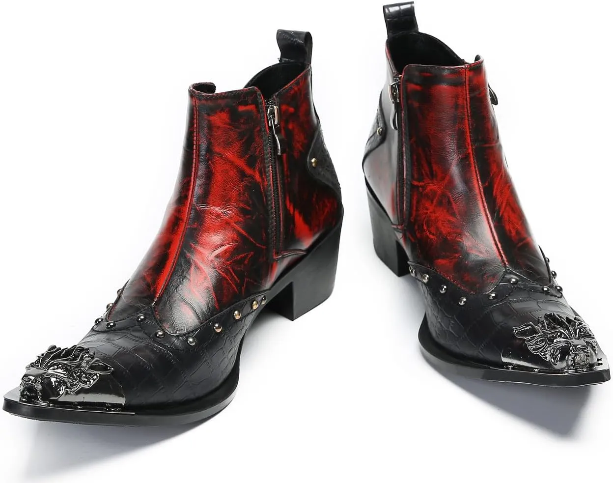 Santimon Mens Chelsea Boots Casual Dress Ankle Boots Metal-Square Toe Genuine Leather Beaded Double Zipper Western Boots Fashion Wedding Porm Party Moccasins Disco Singer Tuxedo Boots for Men