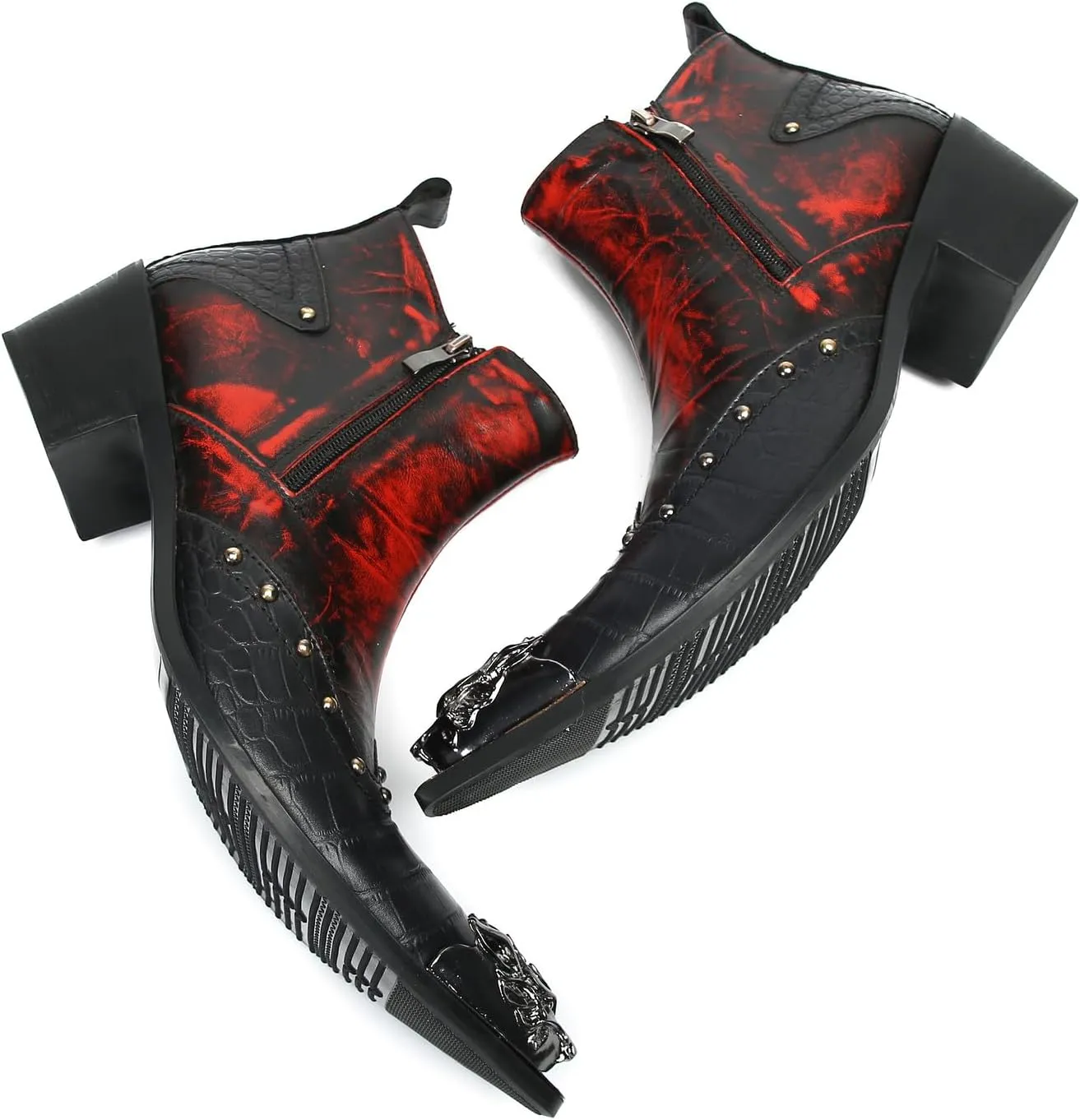 Santimon Mens Chelsea Boots Casual Dress Ankle Boots Metal-Square Toe Genuine Leather Beaded Double Zipper Western Boots Fashion Wedding Porm Party Moccasins Disco Singer Tuxedo Boots for Men