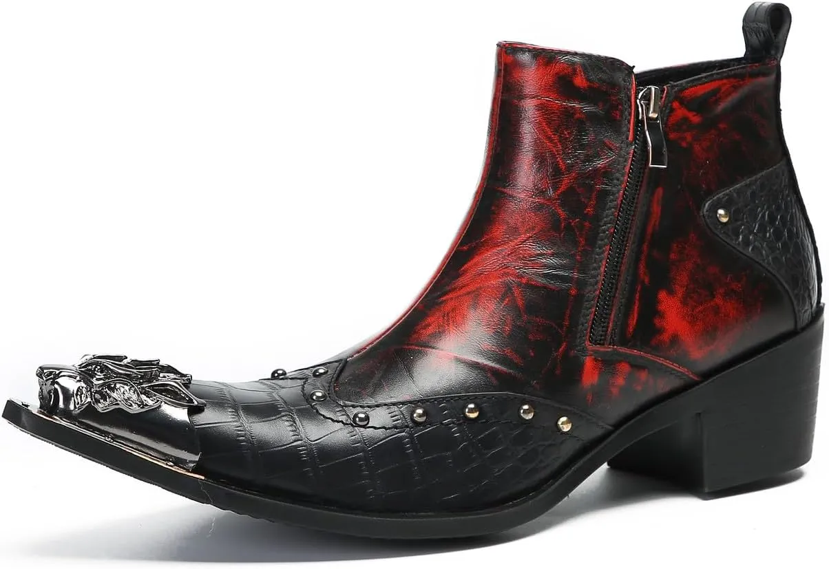 Santimon Mens Chelsea Boots Casual Dress Ankle Boots Metal-Square Toe Genuine Leather Beaded Double Zipper Western Boots Fashion Wedding Porm Party Moccasins Disco Singer Tuxedo Boots for Men