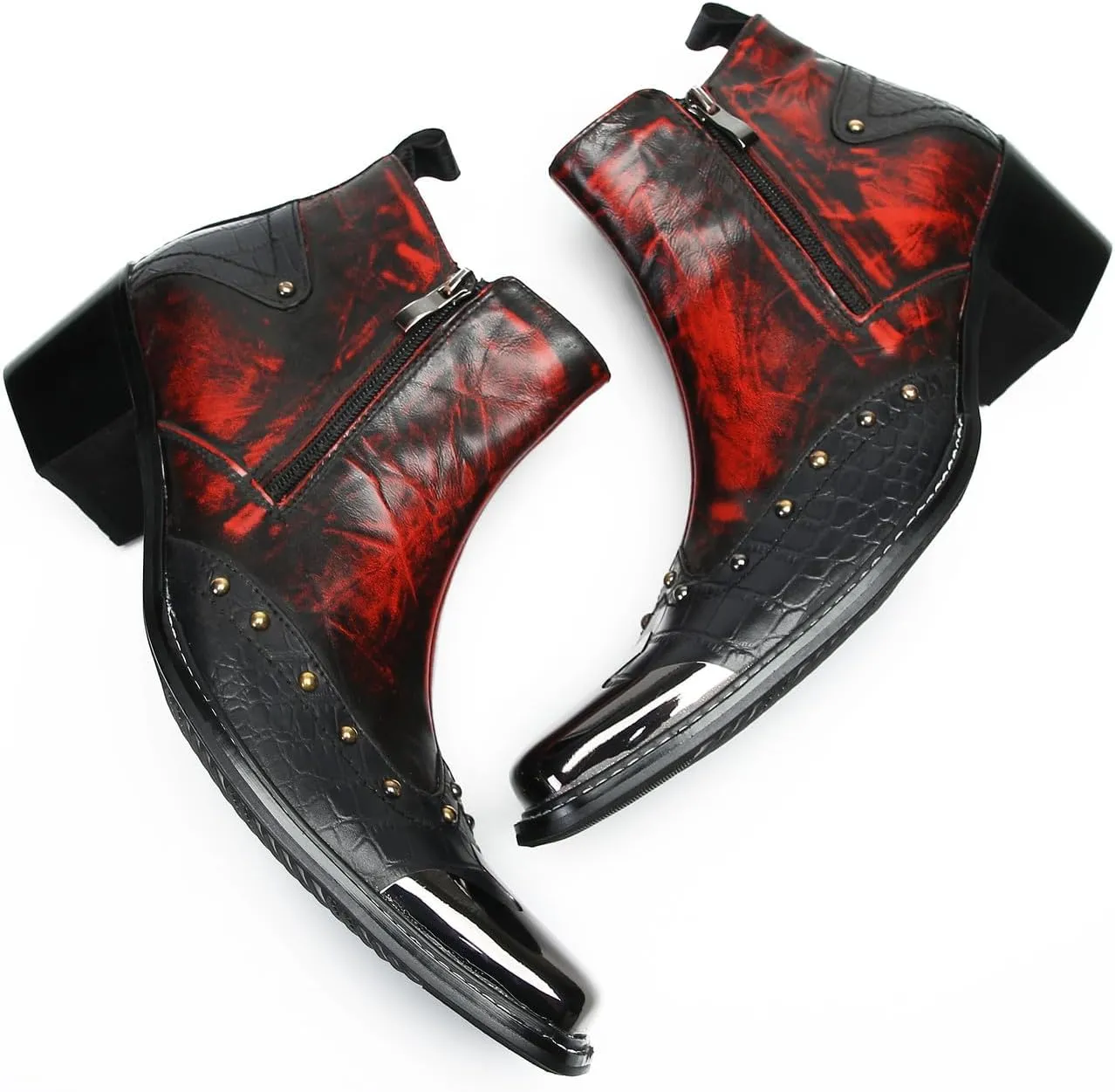 Santimon Mens Chelsea Boots Casual Dress Ankle Boots Metal-Square Toe Genuine Leather Beaded Double Zipper Western Boots Fashion Wedding Porm Party Moccasins Disco Singer Tuxedo Boots for Men