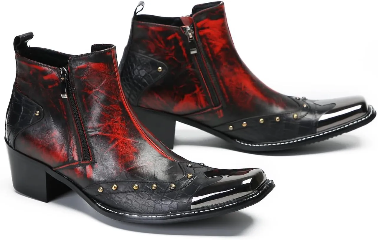 Santimon Mens Chelsea Boots Casual Dress Ankle Boots Metal-Square Toe Genuine Leather Beaded Double Zipper Western Boots Fashion Wedding Porm Party Moccasins Disco Singer Tuxedo Boots for Men