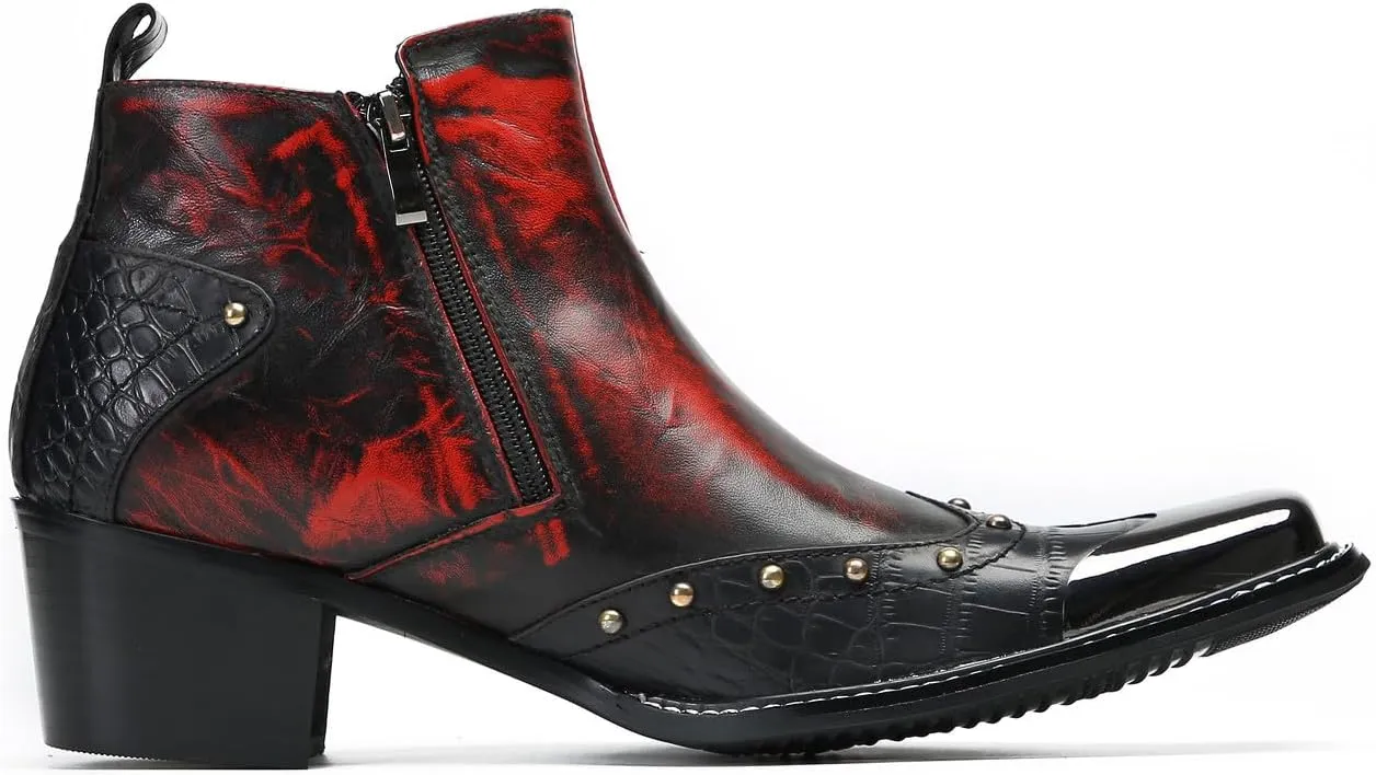 Santimon Mens Chelsea Boots Casual Dress Ankle Boots Metal-Square Toe Genuine Leather Beaded Double Zipper Western Boots Fashion Wedding Porm Party Moccasins Disco Singer Tuxedo Boots for Men