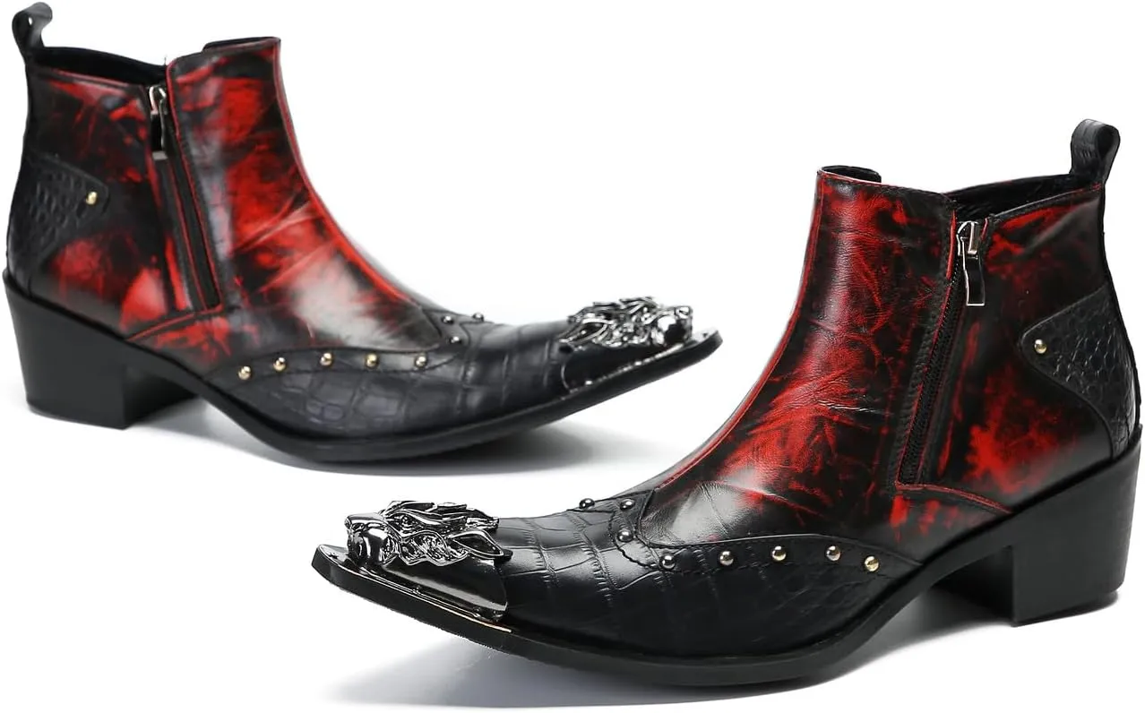 Santimon Mens Chelsea Boots Casual Dress Ankle Boots Metal-Square Toe Genuine Leather Beaded Double Zipper Western Boots Fashion Wedding Porm Party Moccasins Disco Singer Tuxedo Boots for Men