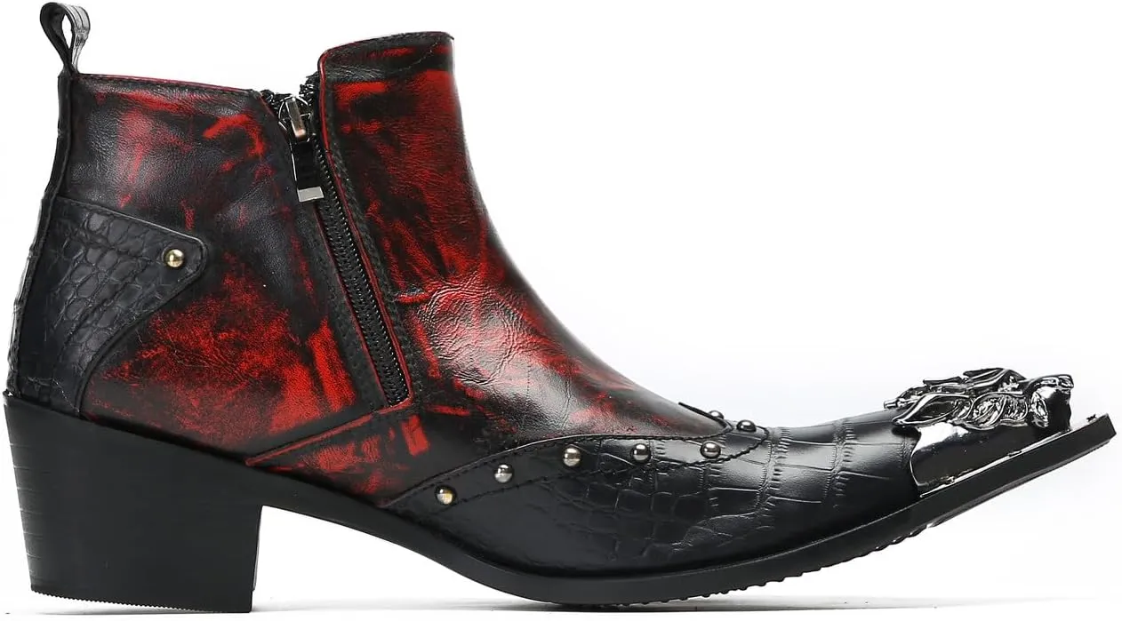 Santimon Mens Chelsea Boots Casual Dress Ankle Boots Metal-Square Toe Genuine Leather Beaded Double Zipper Western Boots Fashion Wedding Porm Party Moccasins Disco Singer Tuxedo Boots for Men