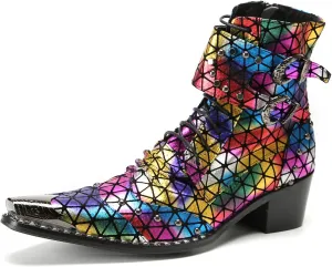 Santimon Men's Fashion Casual Metal-Tip Toe Beaded Zipper Double Buckle Genuine Leather Chelsea Boots Western Hight Top Dancing Boots