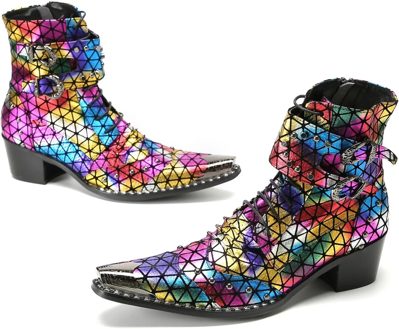 Santimon Men's Fashion Casual Metal-Tip Toe Beaded Zipper Double Buckle Genuine Leather Chelsea Boots Western Hight Top Dancing Boots