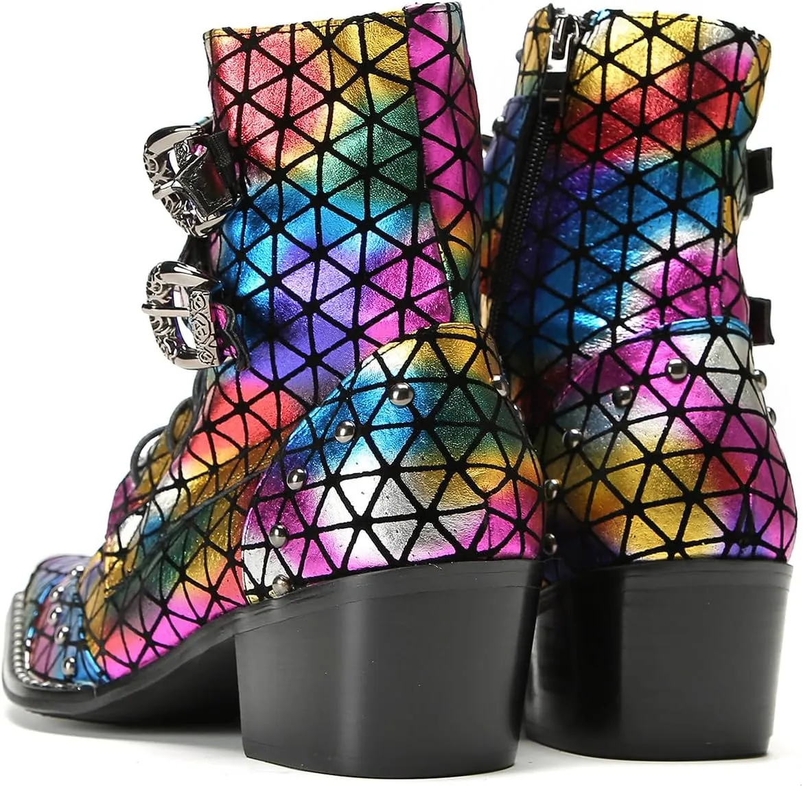 Santimon Men's Fashion Casual Metal-Tip Toe Beaded Zipper Double Buckle Genuine Leather Chelsea Boots Western Hight Top Dancing Boots