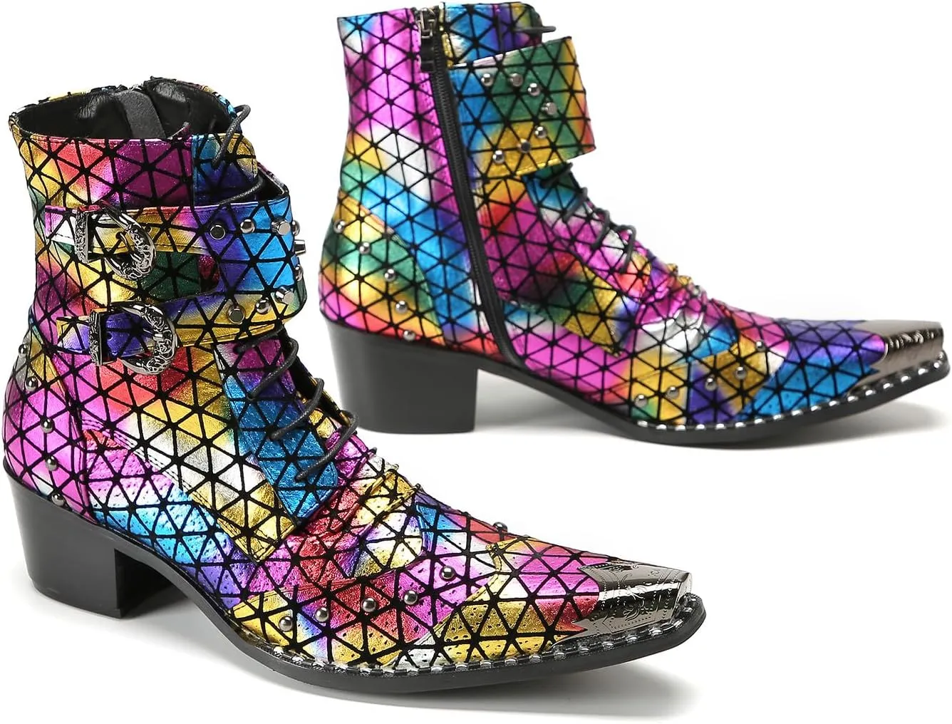 Santimon Men's Fashion Casual Metal-Tip Toe Beaded Zipper Double Buckle Genuine Leather Chelsea Boots Western Hight Top Dancing Boots
