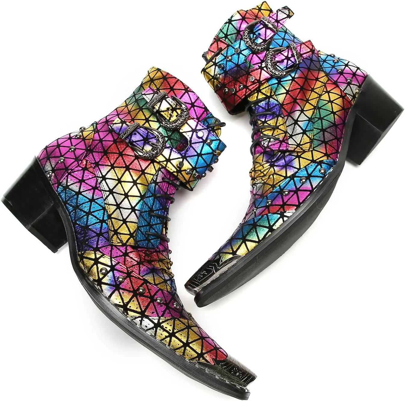 Santimon Men's Fashion Casual Metal-Tip Toe Beaded Zipper Double Buckle Genuine Leather Chelsea Boots Western Hight Top Dancing Boots