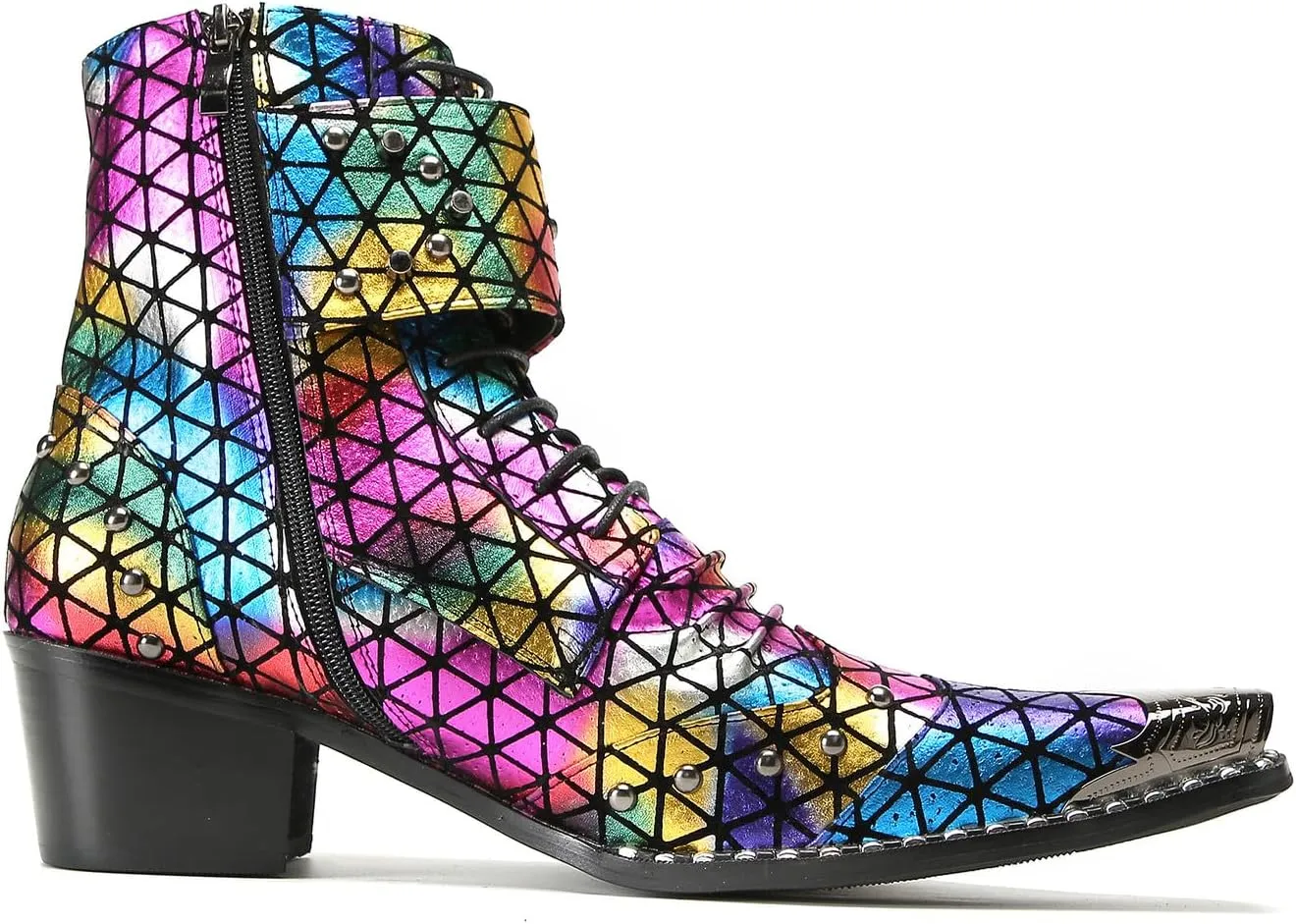Santimon Men's Fashion Casual Metal-Tip Toe Beaded Zipper Double Buckle Genuine Leather Chelsea Boots Western Hight Top Dancing Boots