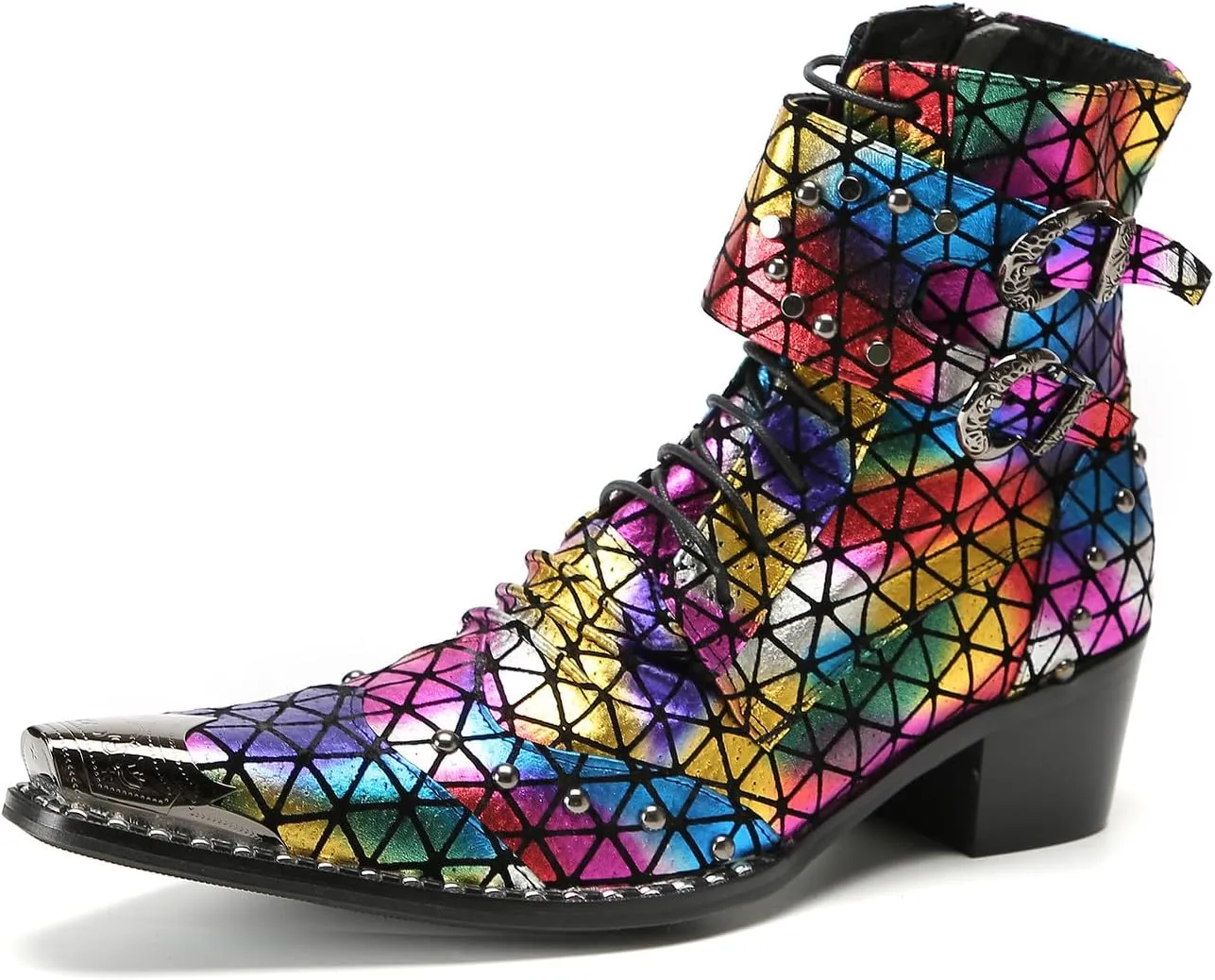 Santimon Men's Fashion Casual Metal-Tip Toe Beaded Zipper Double Buckle Genuine Leather Chelsea Boots Western Hight Top Dancing Boots