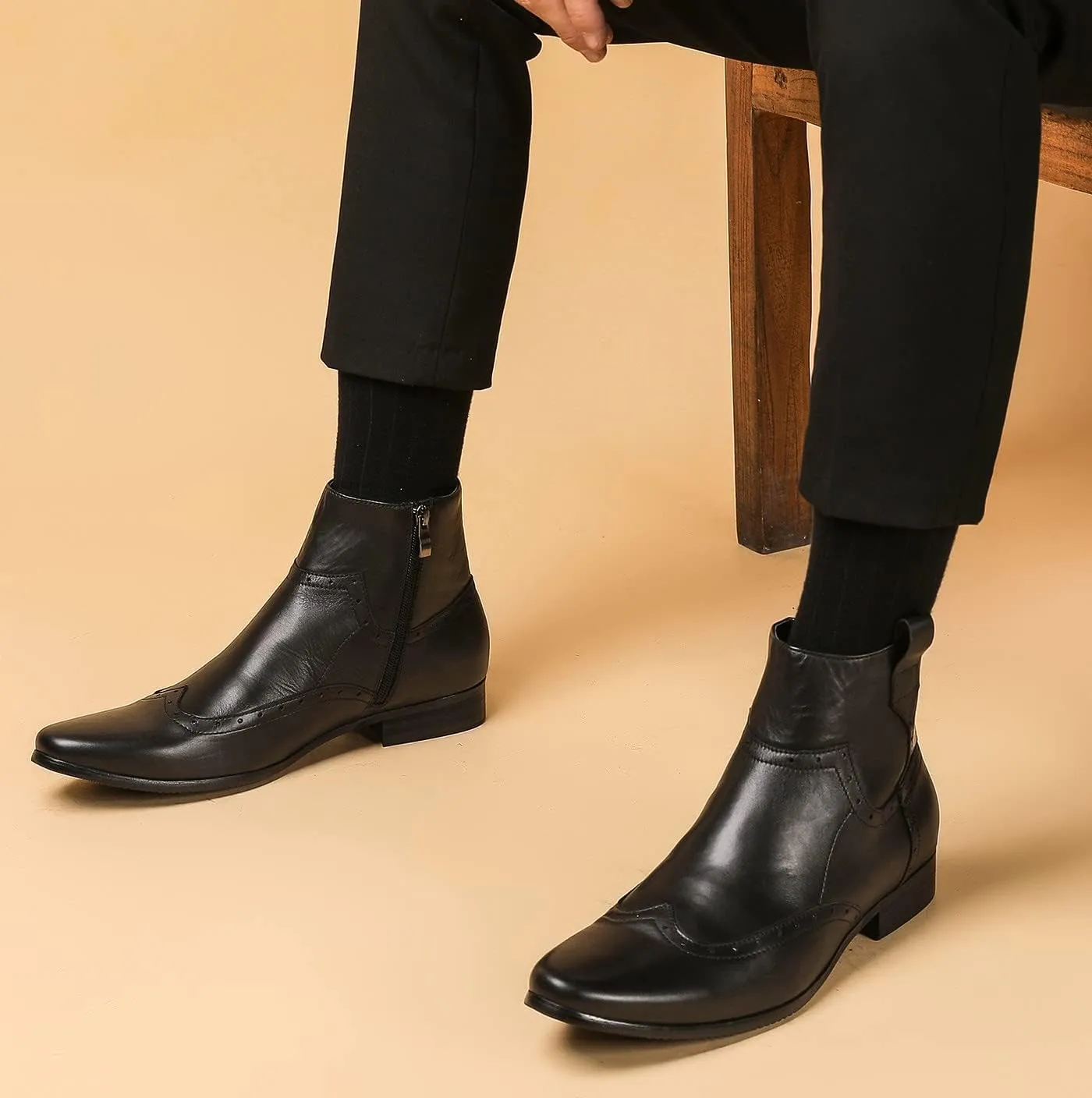 Santimon Men's Zipped Ankle Pointed Toe Brogue Wing Tip Formal Dress Leather Boots Black Brown