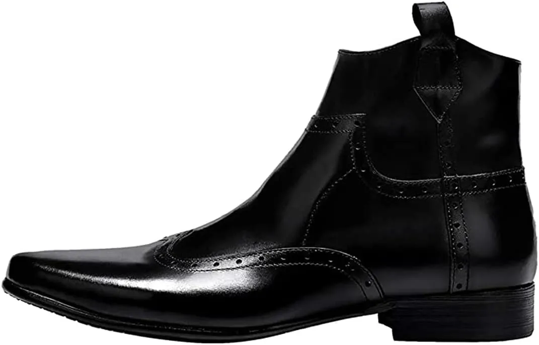 Santimon Men's Zipped Ankle Pointed Toe Brogue Wing Tip Formal Dress Leather Boots Black Brown