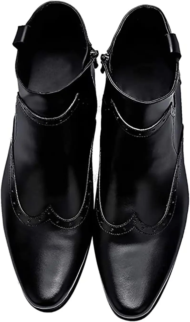 Santimon Men's Zipped Ankle Pointed Toe Brogue Wing Tip Formal Dress Leather Boots Black Brown