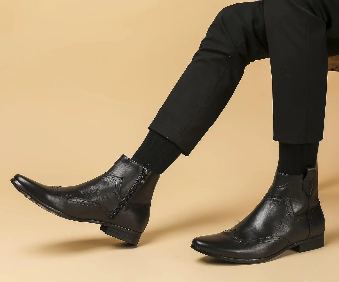 Santimon Men's Zipped Ankle Pointed Toe Brogue Wing Tip Formal Dress Leather Boots Black Brown