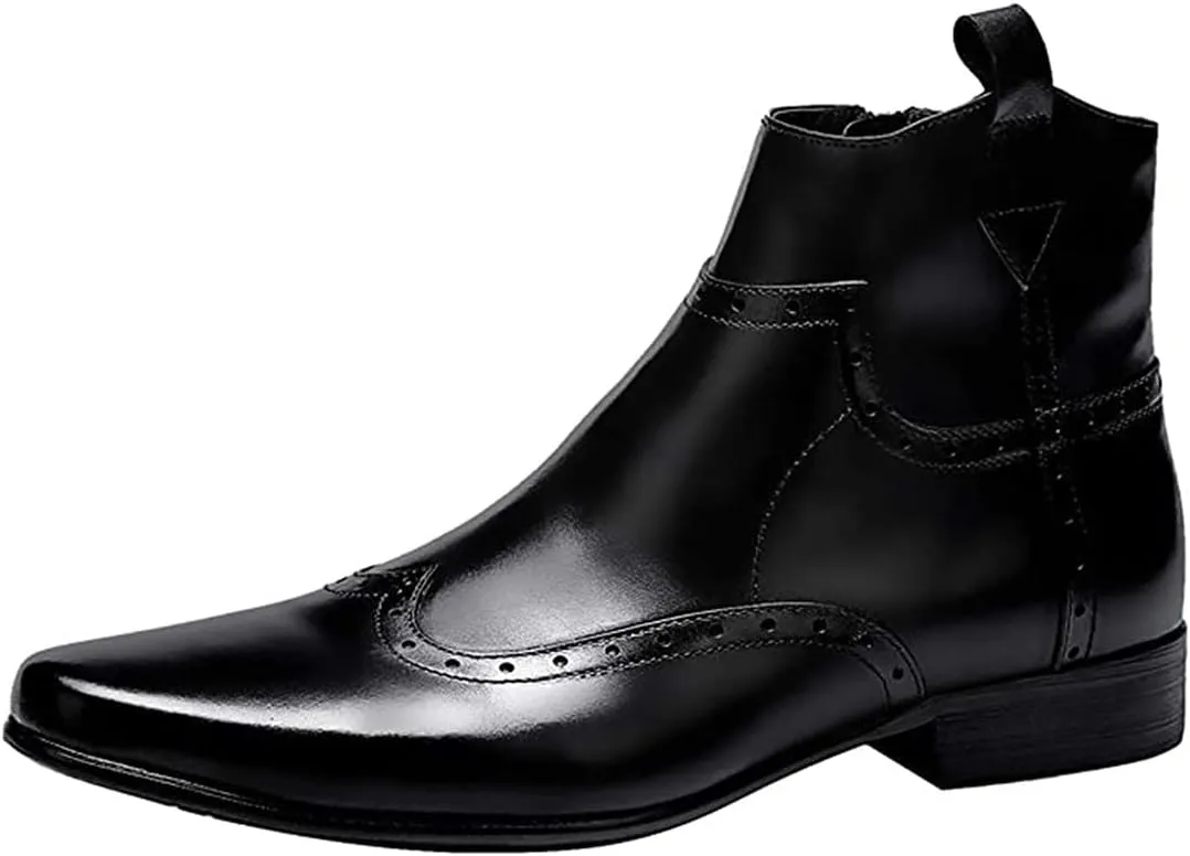 Santimon Men's Zipped Ankle Pointed Toe Brogue Wing Tip Formal Dress Leather Boots Black Brown