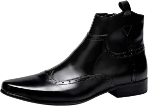 Santimon Men's Zipped Ankle Pointed Toe Brogue Wing Tip Formal Dress Leather Boots Black Brown