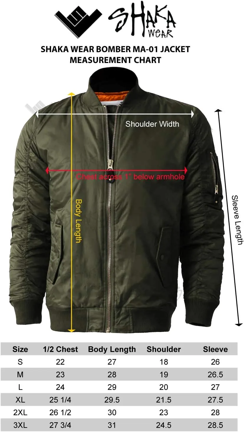 Shaka Wear Men's Flight Jackets – Casual MA-1 Bomber Coat Windbreaker Full Zip Fully Lined Regular and Bigs S~3XL